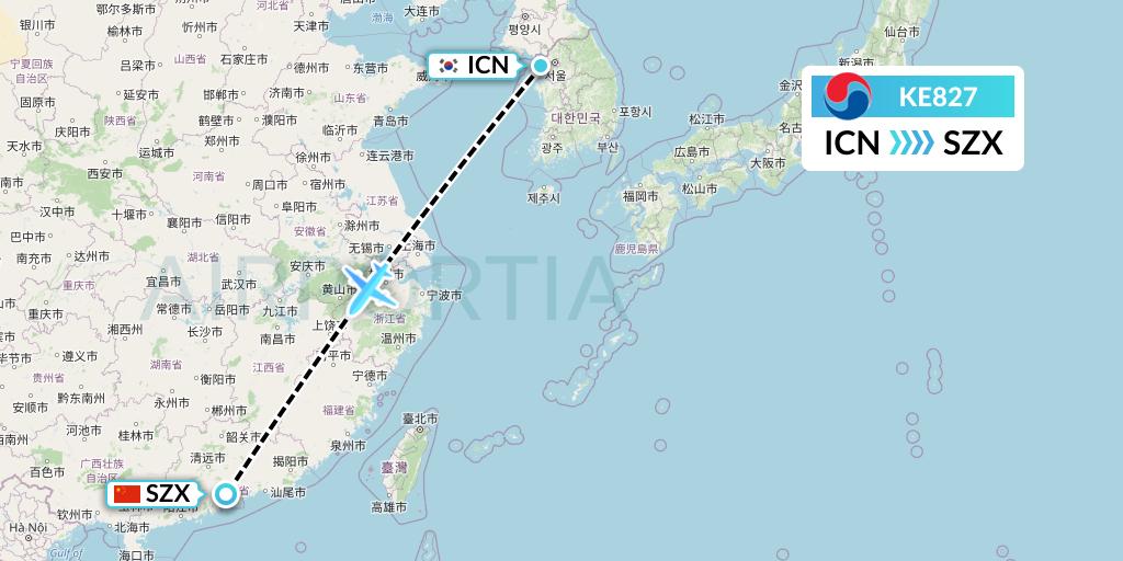 KE827 Korean Air Flight Map: Seoul to Shenzhen