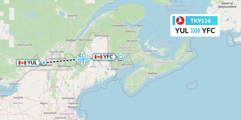 TK9116 Turkish Airlines Flight Map: Montreal to Fredericton