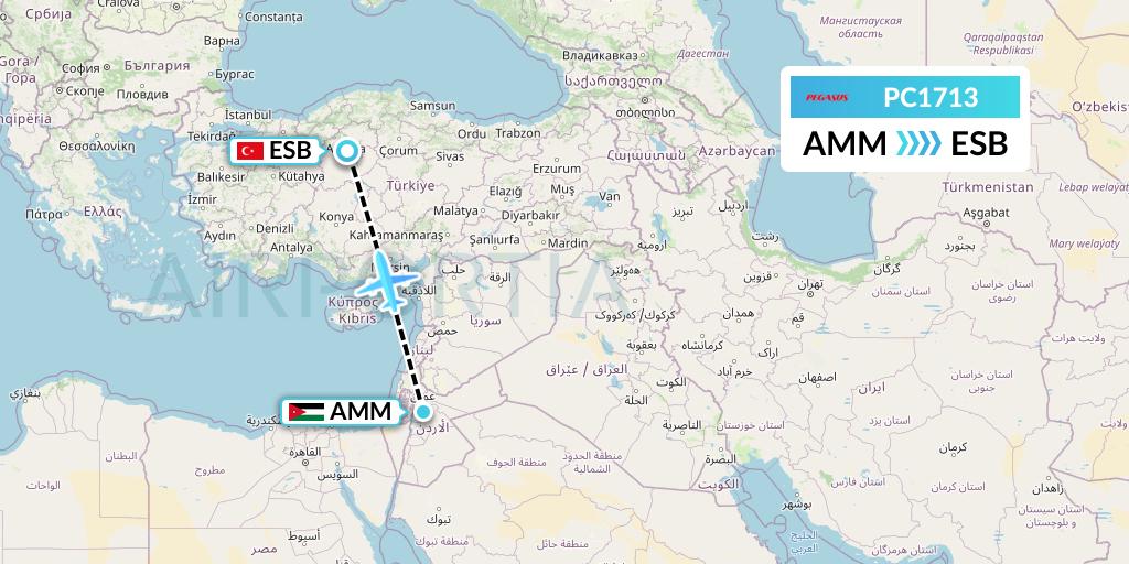 PC1713 Pegasus Airlines Flight Map: Amman to Ankara