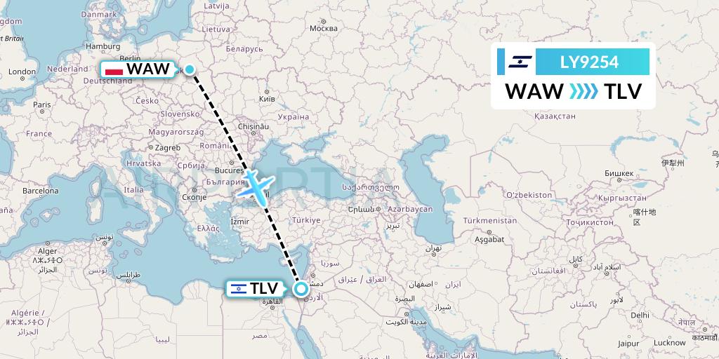 LY9254 El Al Flight Map: Warsaw to Tel Aviv