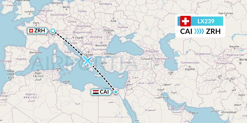 LX239 Swiss Flight Map: Cairo to Zurich