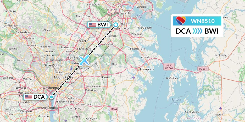 WN8510 Southwest Airlines Flight Map: Washington to Baltimore