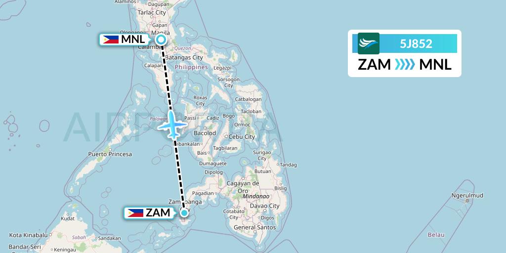 5J852 CEBU Pacific Air Flight Map: Zamboanga to Manila