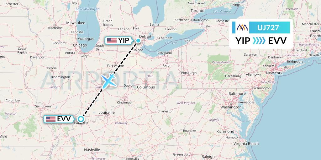 UJ727 AlMasria Universal Airlines Flight Map: Detroit to Evansville
