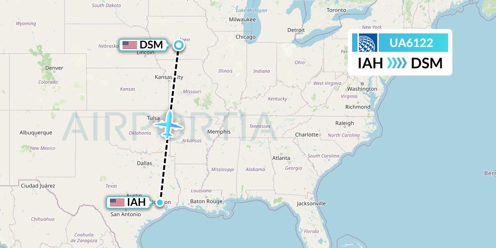 UA6122 United Airlines Flight Map: Houston to Des Moines