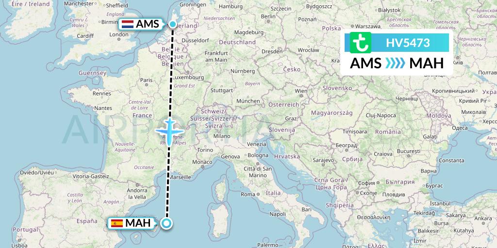 HV5473 Transavia Flight Map: Amsterdam to Mahon