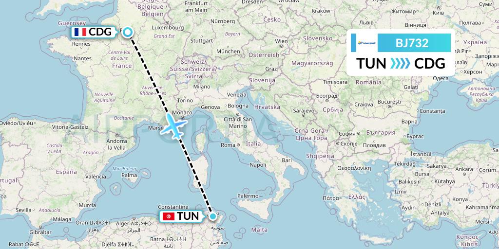 BJ732 Nouvelair Tunisie Flight Map: Tunis to Paris