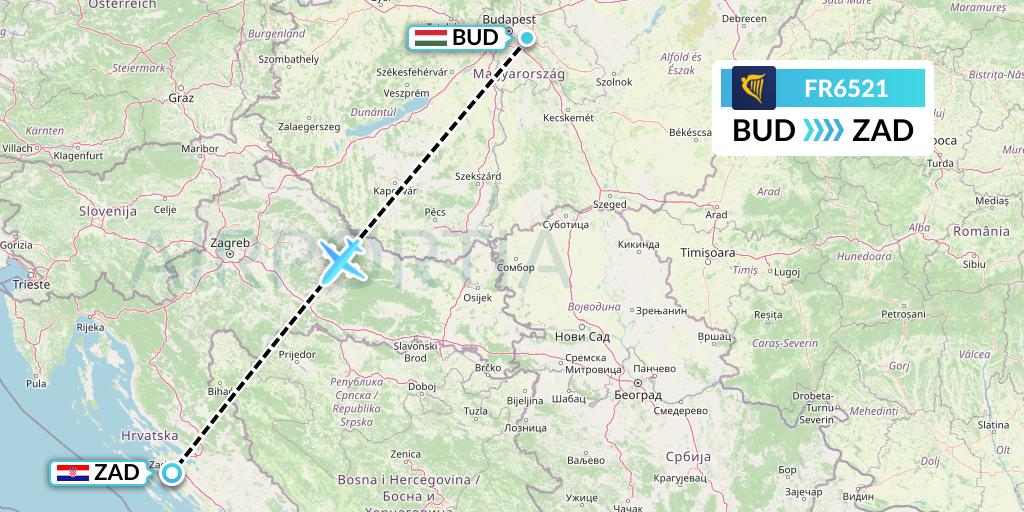FR6521 Ryanair Flight Map: Budapest to Zadar