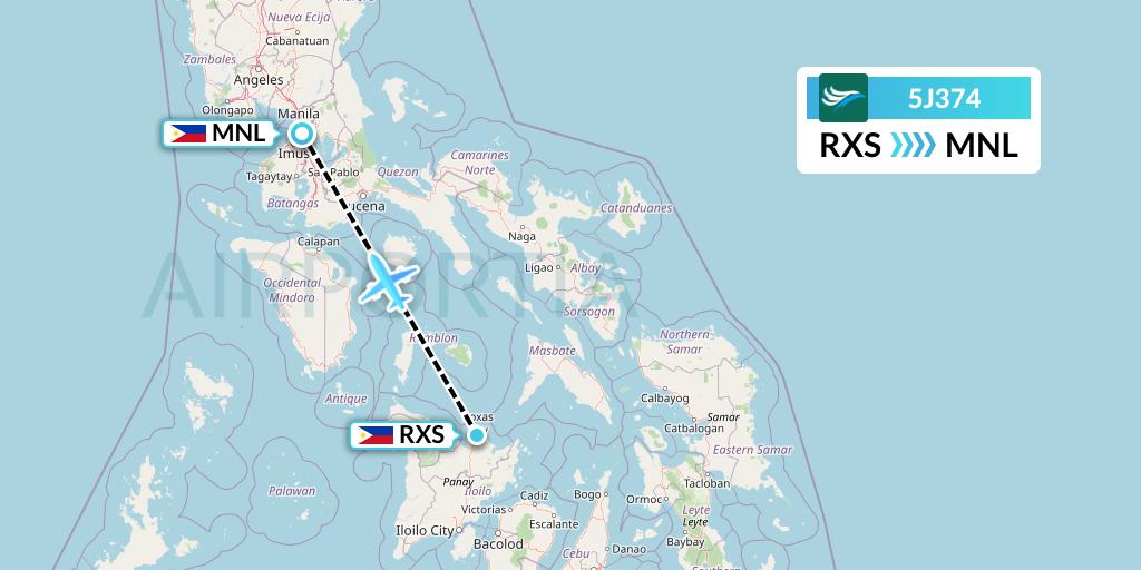 5J374 CEBU Pacific Air Flight Map: Roxas City to Manila