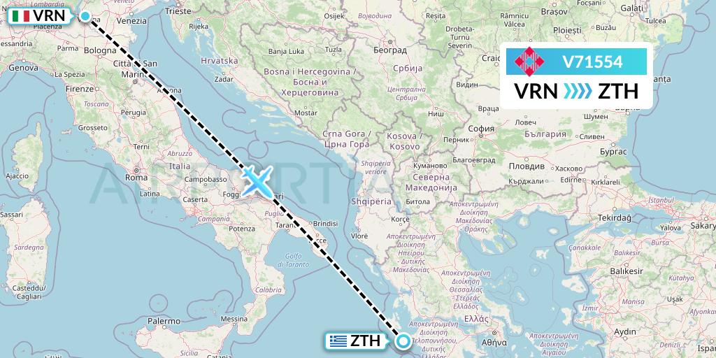 V71554 Volotea Flight Map: Verona to Zakynthos
