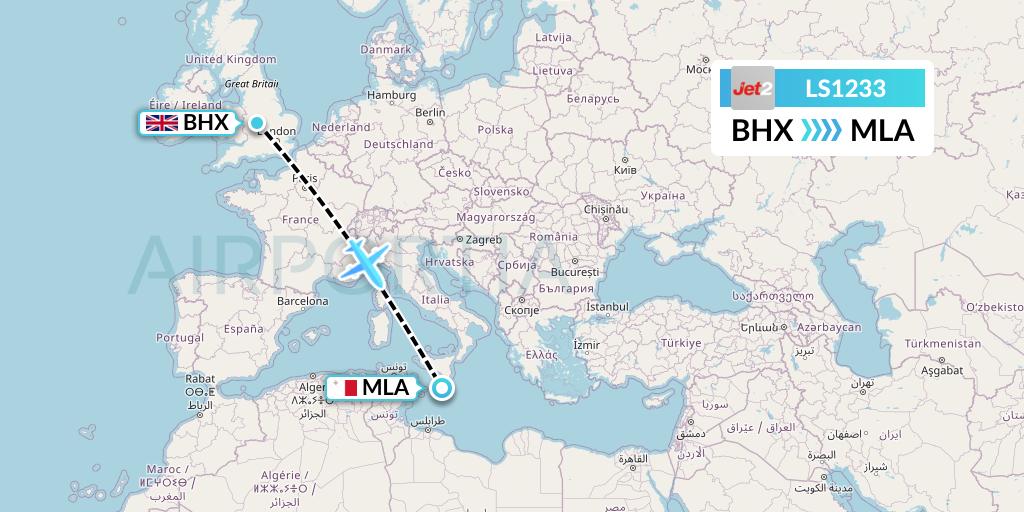 LS1233 Jet2 Flight Map: Birmingham to Malta