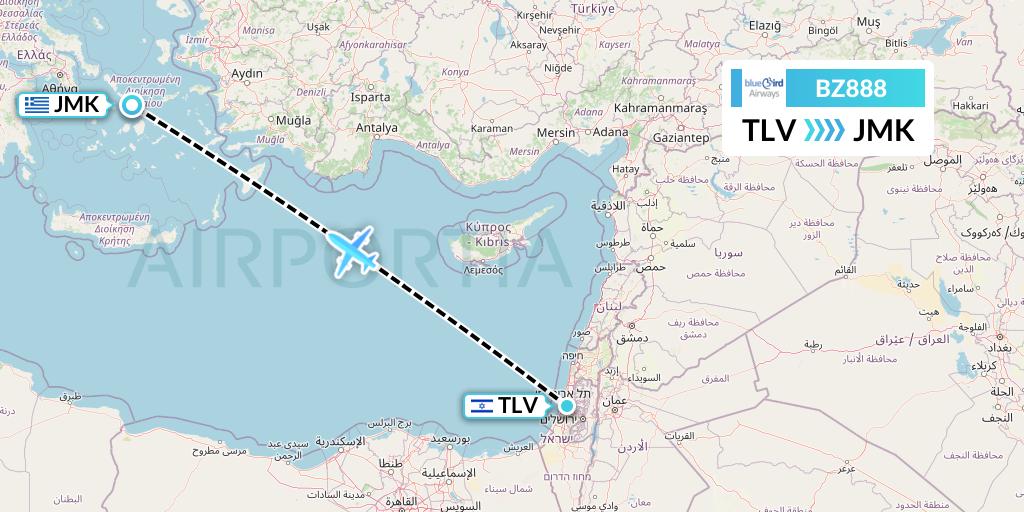 BZ888 Bluebird Airways Flight Map: Tel Aviv to Mykonos