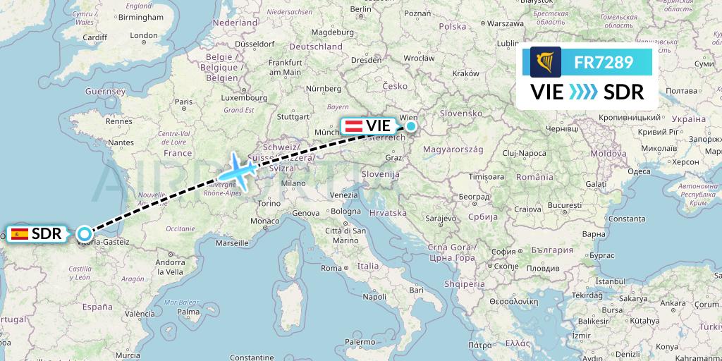 FR7289 Ryanair Flight Map: Vienna to Santander