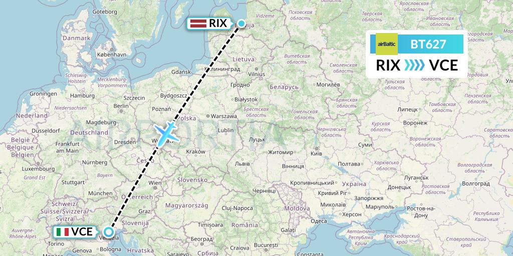 BT627 Air Baltic Flight Map: Riga to Venice