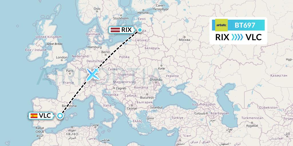 BT697 Air Baltic Flight Map: Riga to Valencia