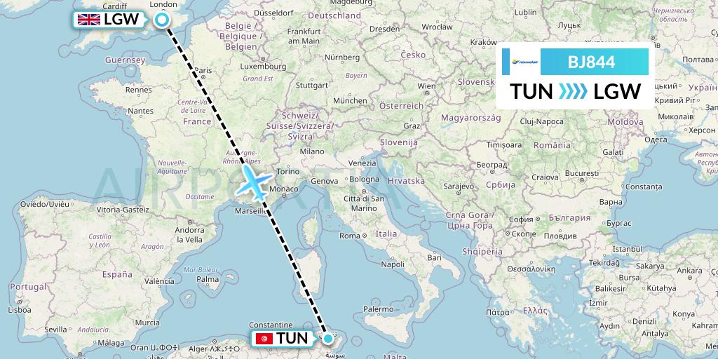 BJ844 Nouvelair Tunisie Flight Map: Tunis to London
