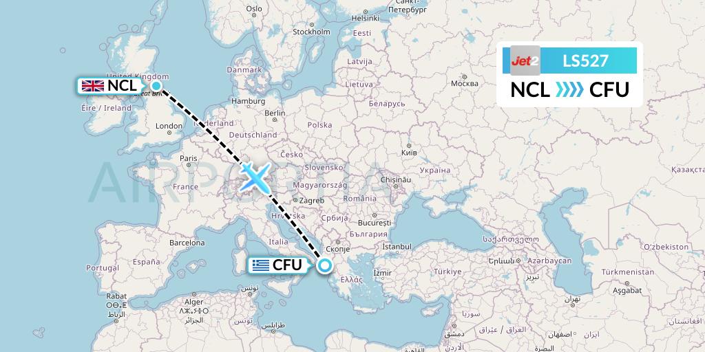 LS527 Jet2 Flight Map: Newcastle to Corfu