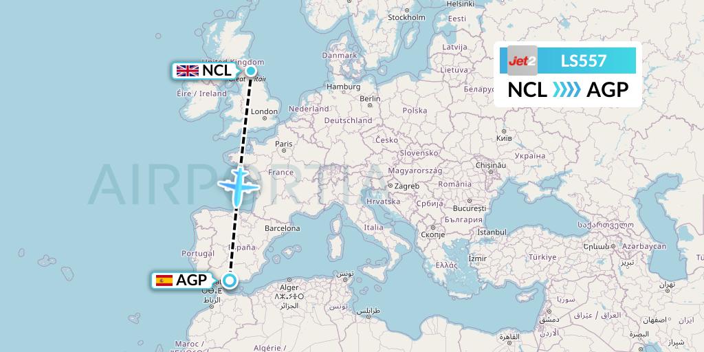 LS557 Jet2 Flight Map: Newcastle to Malaga