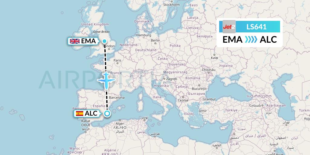 LS641 Jet2 Flight Map: East Midlands to Alicante