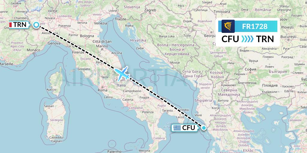 FR1728 Ryanair Flight Map: Corfu to Turin