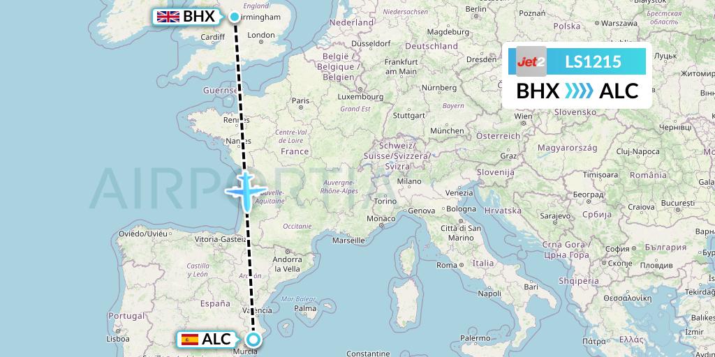 LS1215 Jet2 Flight Map: Birmingham to Alicante