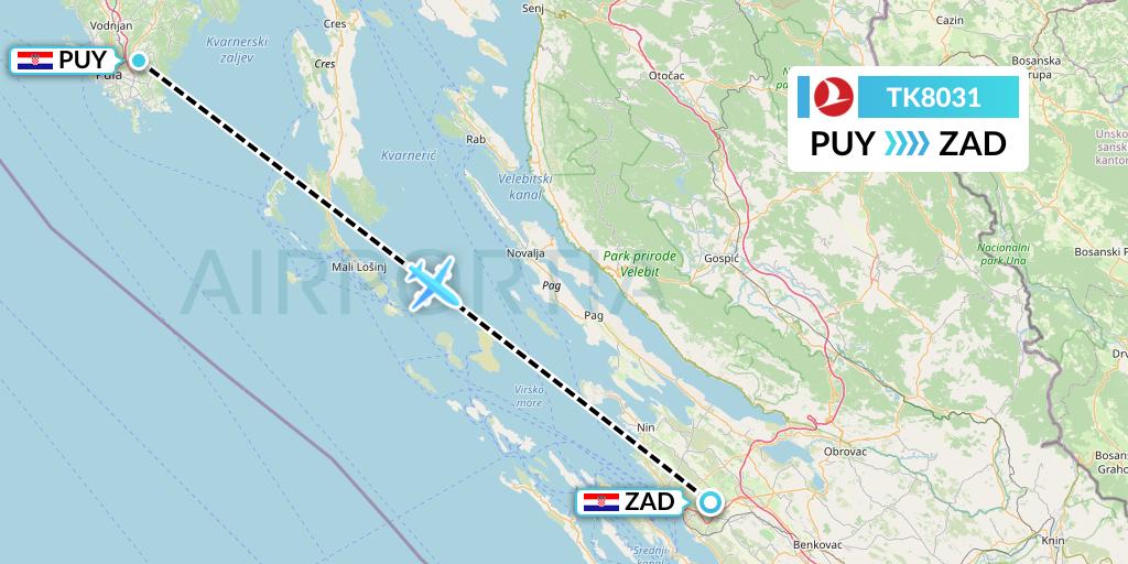 TK8031 Turkish Airlines Flight Map: Pula to Zadar