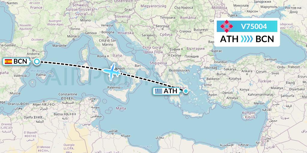V75004 Volotea Flight Map: Athens to Barcelona
