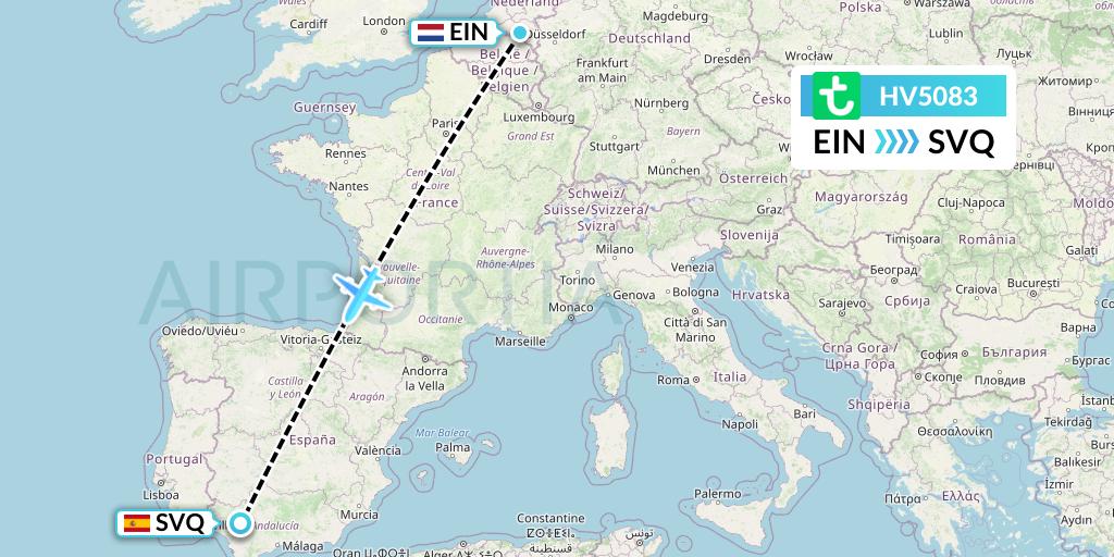 HV5083 Transavia Flight Map: Eindhoven to Seville