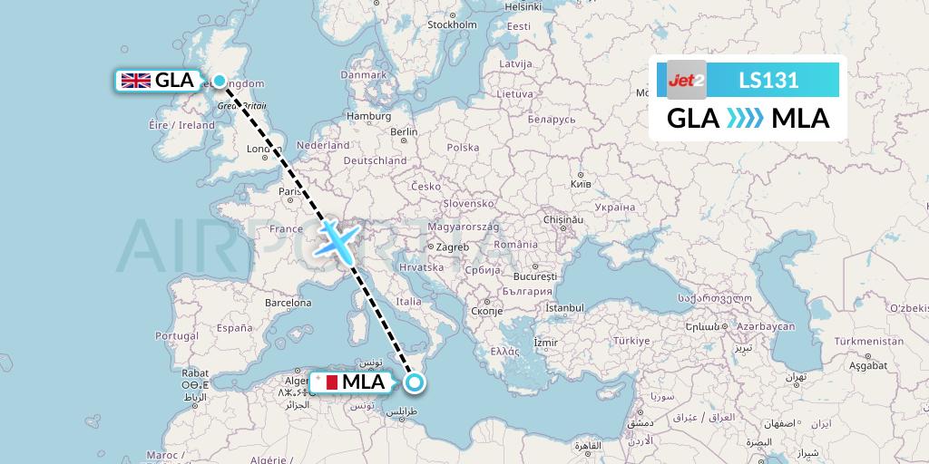 LS131 Jet2 Flight Map: Glasgow to Malta