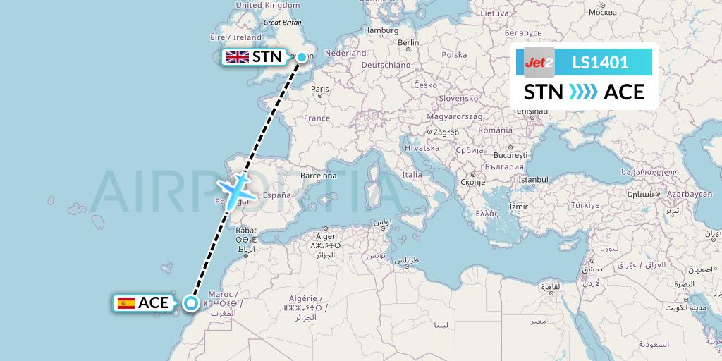 LS1401 Jet2 Flight Map: London to Lanzarote