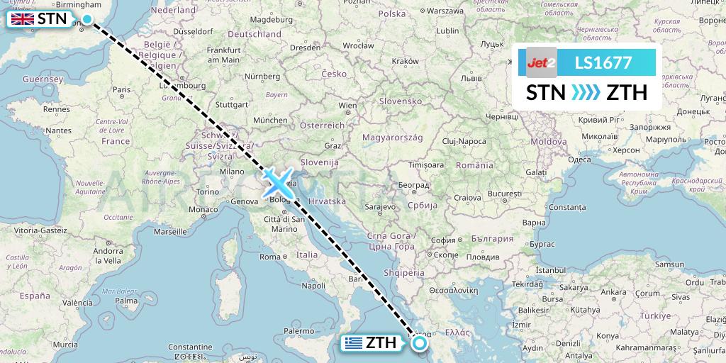 LS1677 Jet2 Flight Map: London to Zakynthos