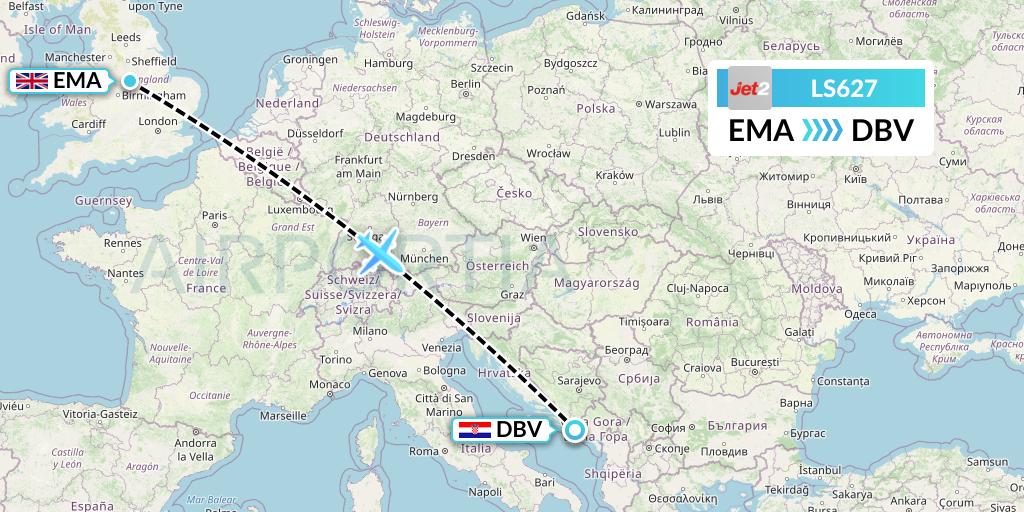 LS627 Jet2 Flight Map: East Midlands to Dubrovnik
