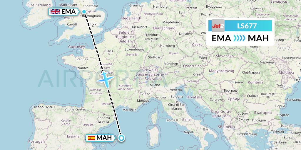 LS677 Jet2 Flight Map: East Midlands to Mahon