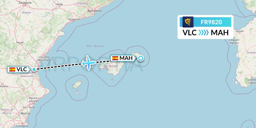 FR9820 Ryanair Flight Map: Valencia to Mahon