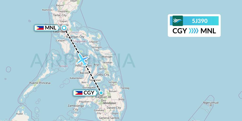 5J390 CEBU Pacific Air Flight Map: Cagayan de Oro to Manila