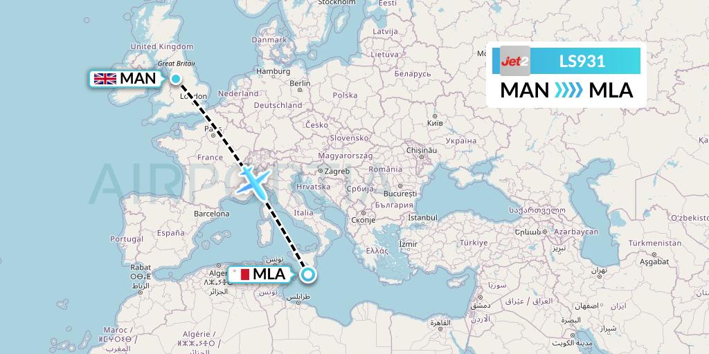 LS931 Jet2 Flight Map: Manchester to Malta