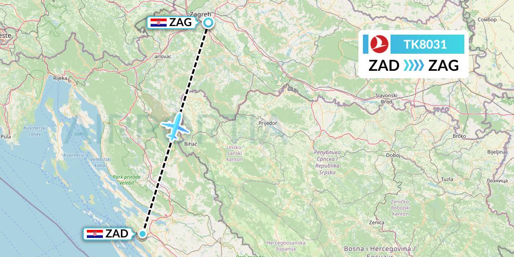 TK8031 Turkish Airlines Flight Map: Zadar to Zagreb