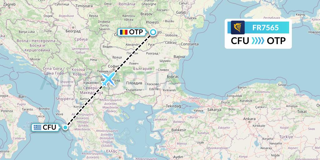 FR7565 Ryanair Flight Map: Corfu to Bucharest