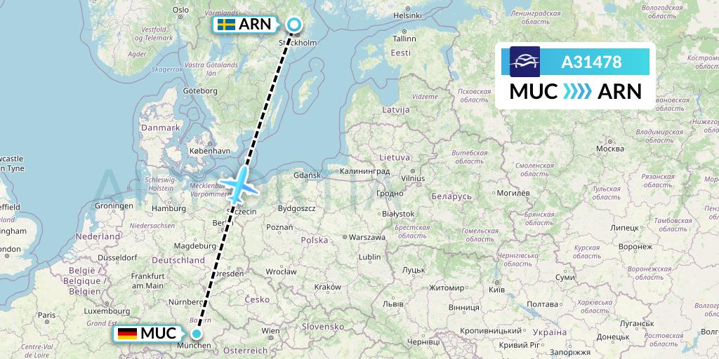 A31478 Aegean Airlines Flight Map: Munich to Stockholm
