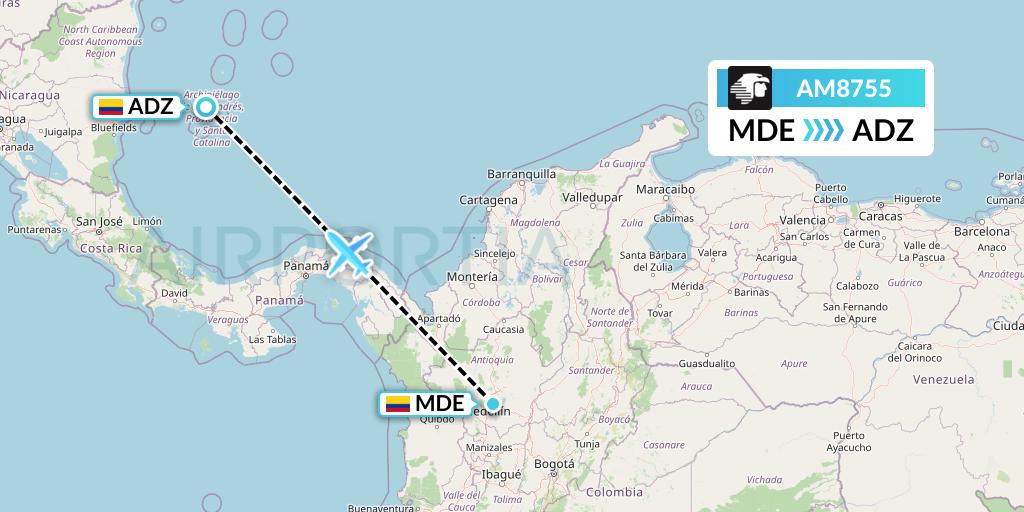 AM8755 Aeromexico Flight Map: Medellin to San Andres Island