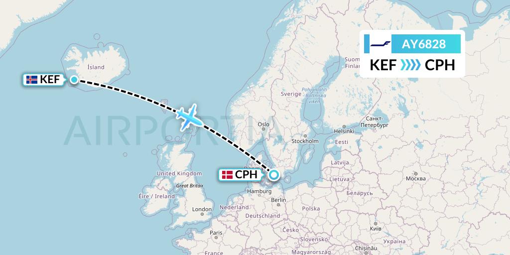 AY6828 Finnair Flight Map: Reykjavik to Copenhagen