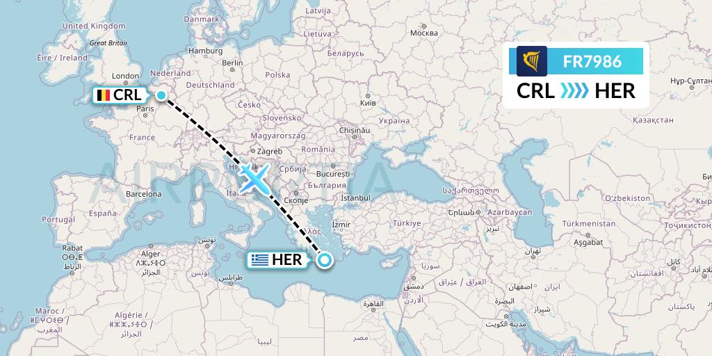 FR7986 Ryanair Flight Map: Brussels to Heraklion