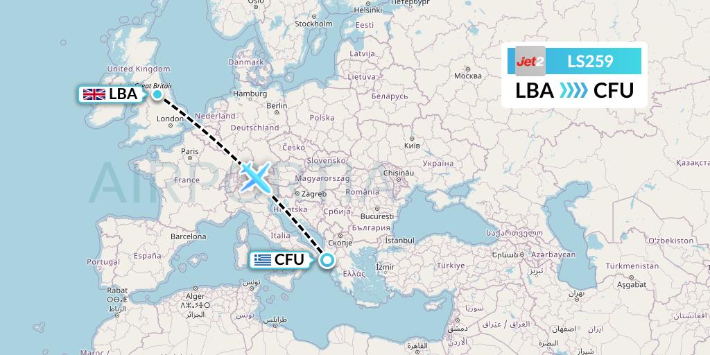 LS259 Jet2 Flight Map: Leeds to Corfu