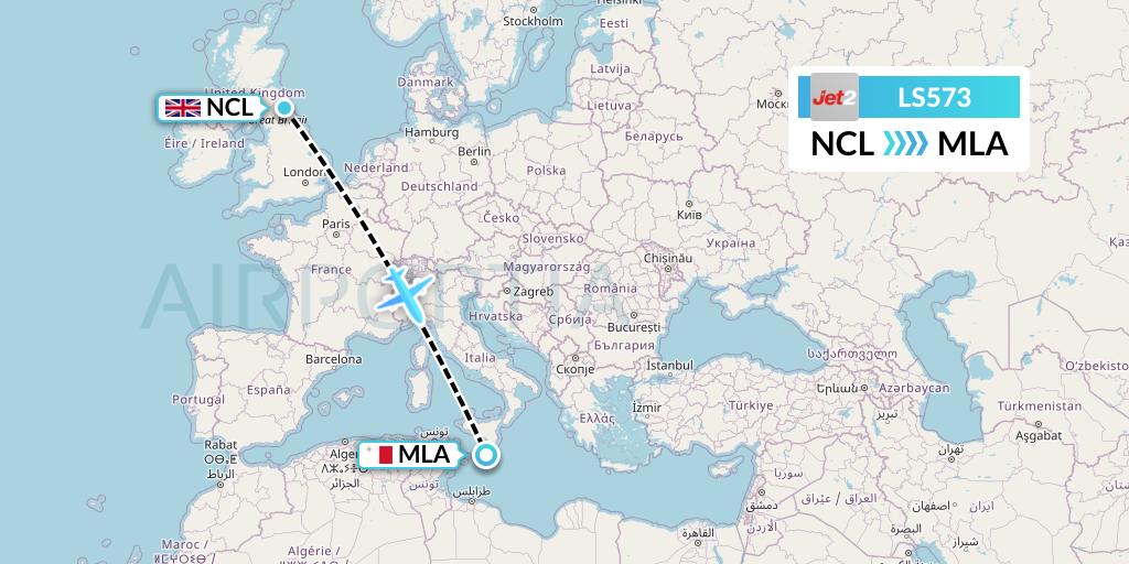 LS573 Jet2 Flight Map: Newcastle to Malta
