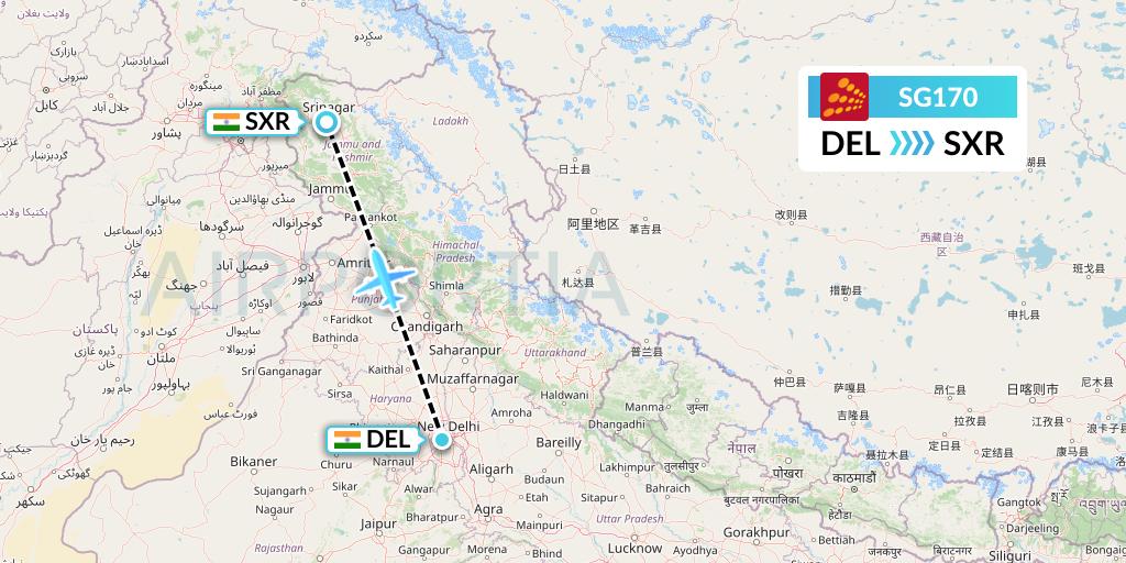 SG170 SpiceJet Flight Map: Delhi to Srinagar