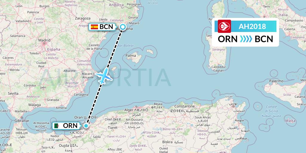 AH2018 Air Algerie Flight Map: Oran to Barcelona
