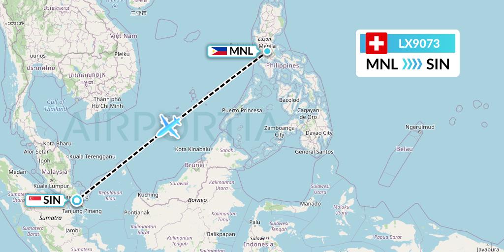 LX9073 Swiss Flight Map: Manila to Singapore