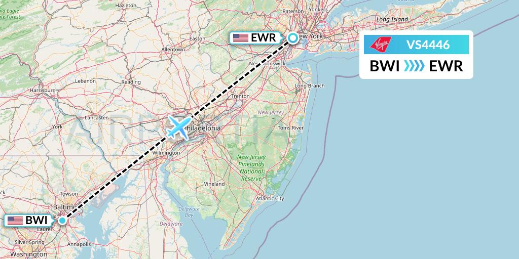 VS4446 Virgin Atlantic Airways Flight Map: Baltimore to New York