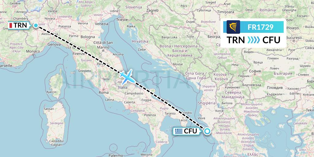 FR1729 Ryanair Flight Map: Turin to Corfu