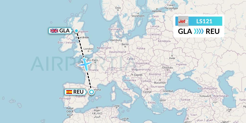 LS121 Jet2 Flight Map: Glasgow to Reus